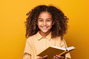 Happy ethnic schoolgirl laughing with book on yellow studio background.. AI Generated photo