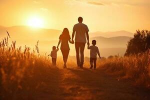 contento familia padre, madre y niño hija lanzamiento un cometa en naturaleza a puesta de sol. ai generado foto