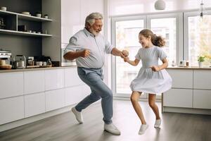 Happy grandfather and granddaughter dancing to music. AI Generated photo