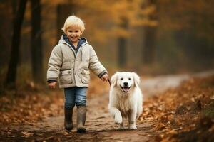 Happy joyful little boy walking with dog white golden. AI Generated photo