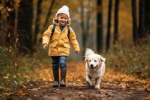 Happy joyful little boy walking with dog white golden. AI Generated photo