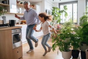 Happy grandfather and granddaughter dancing to music. AI Generated photo