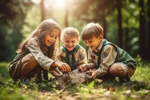 Happy school kids scouts learning how to create fire. AI Generated photo