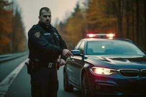 Highway Traffic Patrol Car Pulls over Vehicle on the street. AI Generated photo