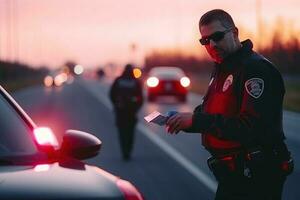 Highway Traffic Patrol Car Pulls over Vehicle on the street. AI Generated photo