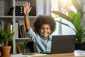 Little african american school boy raising hands up with excitement during home distance education. AI Generated photo