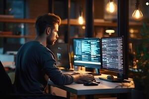 Male Programmer Using Desktop Computer And Laptop. photo