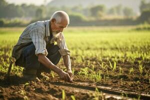 Mature man working on field as farmer. AI Generated photo