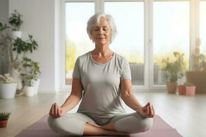 Mature senior woman practicing yoga at home. AI Generated photo