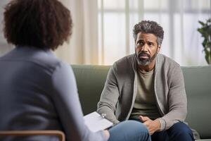 Mental health issues man receiving counseling . AI Generated photo