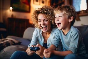 Mother and son laugh and play video games together. AI Generated photo