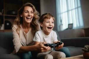 Mother and son laugh and play video games together. AI Generated photo