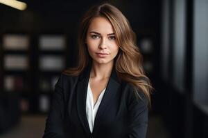 Portrait of a professional woman in a suit. Business woman standing in an office. AI Generated photo