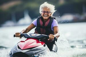 Portrait of mature senior female on jet ski. AI Generated photo