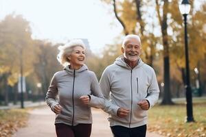 Portrait of lovely happy elderly couple on morning run outside in city park. AI Generated photo