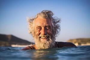 Portrait of mature senior man in the sea. AI Generated photo