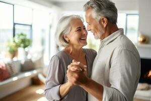 Romantic senior family couple wife and husband dancing to music together in living room. AI Generated photo