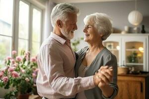 Romantic senior family couple wife and husband dancing to music together in living room. AI Generated photo