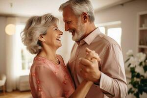 Romantic senior family couple wife and husband dancing to music together in living room. AI Generated photo