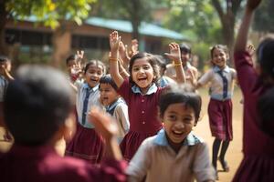 School children moving along to an educational song, kids participating in a class activity with their teacher. AI Generated photo