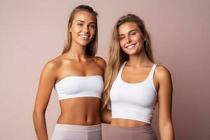 Two fit young women stand together in sportswear, embracing a healthy lifestyle in the studio clean background. AI Generated photo