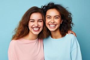 Two fit young women stand together in sportswear, embracing a healthy lifestyle in the studio clean background. AI Generated photo