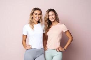 Two fit young women stand together in sportswear, embracing a healthy lifestyle in the studio clean background. AI Generated photo