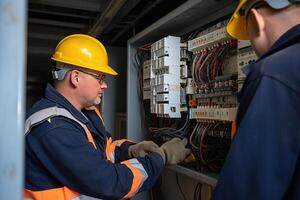 Two professional male electricians collaboratively working on a fuse box, emphasizing the importance of trade skills, safety, and apprenticeship. photo