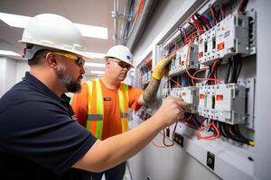 dos profesional masculino electricistas colaborativamente trabajando en un fusible caja, enfatizando el importancia de comercio habilidades, seguridad, y aprendizaje. ai generado foto