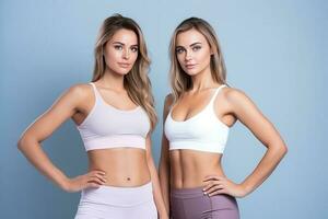 Two fit young women stand together in sportswear, embracing a healthy lifestyle in the studio clean background. AI Generated photo