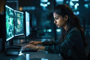Young Female Artificial Intelligence Engineer Working on Computer in a Technological Office. Young Indian Specialist Writing Software Code for an Innovative Big Data Blockchain Project. photo