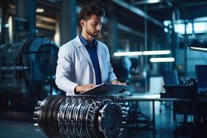 Young Industrial Engineer Working on a Futuristic Jet Engine, Standing with Laptop Computer in Scientific Technology Lab. Scientist Developing a New Electric Motor in a Research Facility. photo