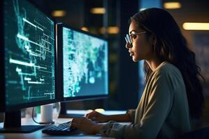 Young Female Artificial Intelligence Engineer Working on Computer in a Technological Office. Young Indian Specialist Writing Software Code for an Innovative Big Data Blockchain Project. photo