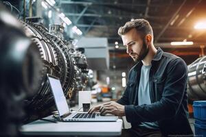 Young Industrial Engineer Working on a Futuristic Jet Engine, Standing with Laptop Computer in Scientific Technology Lab. Scientist Developing a New Electric Motor in a Research Facility. photo