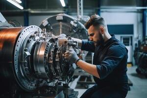 Young Industrial Engineer Working on a Futuristic Jet Engine, Standing with Laptop Computer in Scientific Technology Lab. Scientist Developing a New Electric Motor in a Research Facility. photo