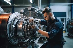 Young Industrial Engineer Working on a Futuristic Jet Engine, Standing with Laptop Computer in Scientific Technology Lab. Scientist Developing a New Electric Motor in a Research Facility. AI Generated photo