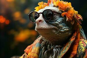 A hippie chameleon smoking weed . AI Generated photo