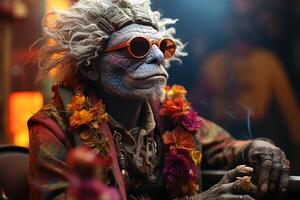 A hippie chameleon smoking weed . photo