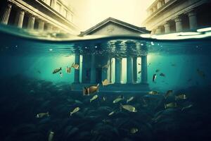 Bank Crisis and Banking system drowning in debt as a financial instability or insolvency concept as an urgent business and global market problem. photo