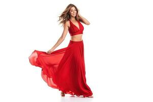 Beautiful young woman in red enjoying her dancing isolated on white background . AI Generated photo