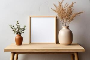 Blank frame over a modern table against the wall. photo