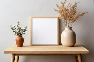 Blank frame over a modern table against the wall. AI Generated photo