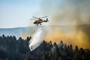 Firefighter helicopter dropping water in a Forest Fire.. AI Generated photo