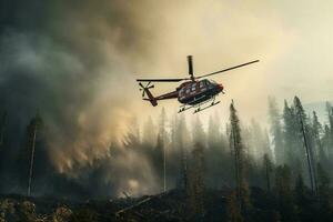 bombero helicóptero goteante agua en un bosque fuego.. ai generado foto