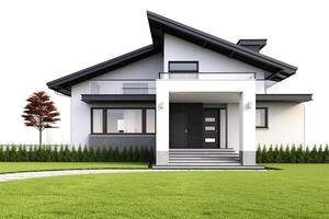 Front view of a isolated modern house with a big lawn. white background. AI Generated photo