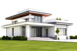 Front view of a isolated modern house with a big lawn. white background. photo
