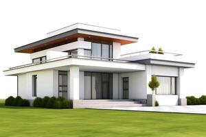 Front view of a isolated modern house with a big lawn. white background. AI Generated photo