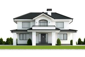 Front view of a isolated modern house with a big lawn. white background. AI Generated photo