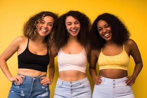 Group of smiling multiracial women in underwear. photo