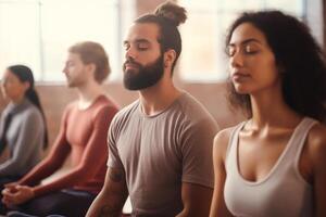 Group meditation in yoga studio, breath exercise, men and women meditating and breathing with closed eyes, breathwork concept. AI Generated photo